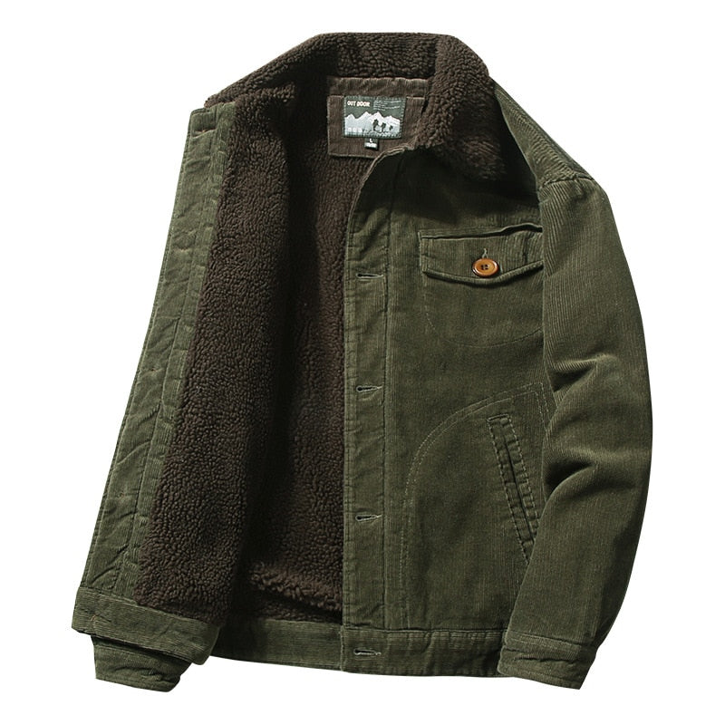 Wiaofellas Men's Winter Button Jacket Plus Velvet Overcoat Corduroy Tooling Casual Parka Korean Fashion Solid Color Cotton Jacket Men