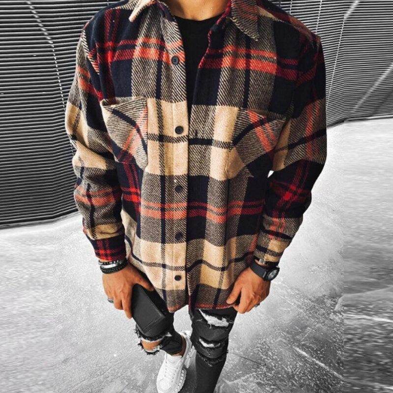 Wiaofellas Business Casual Plaid Print Wool Shirt Jacket Men 2023 Spring Single Breasted Lapel Top Autumn Pocket Patchwork T-shirt Cardigan