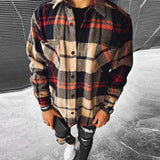 Wiaofellas Business Casual Plaid Print Wool Shirt Jacket Men 2023 Spring Single Breasted Lapel Top Autumn Pocket Patchwork T-shirt Cardigan