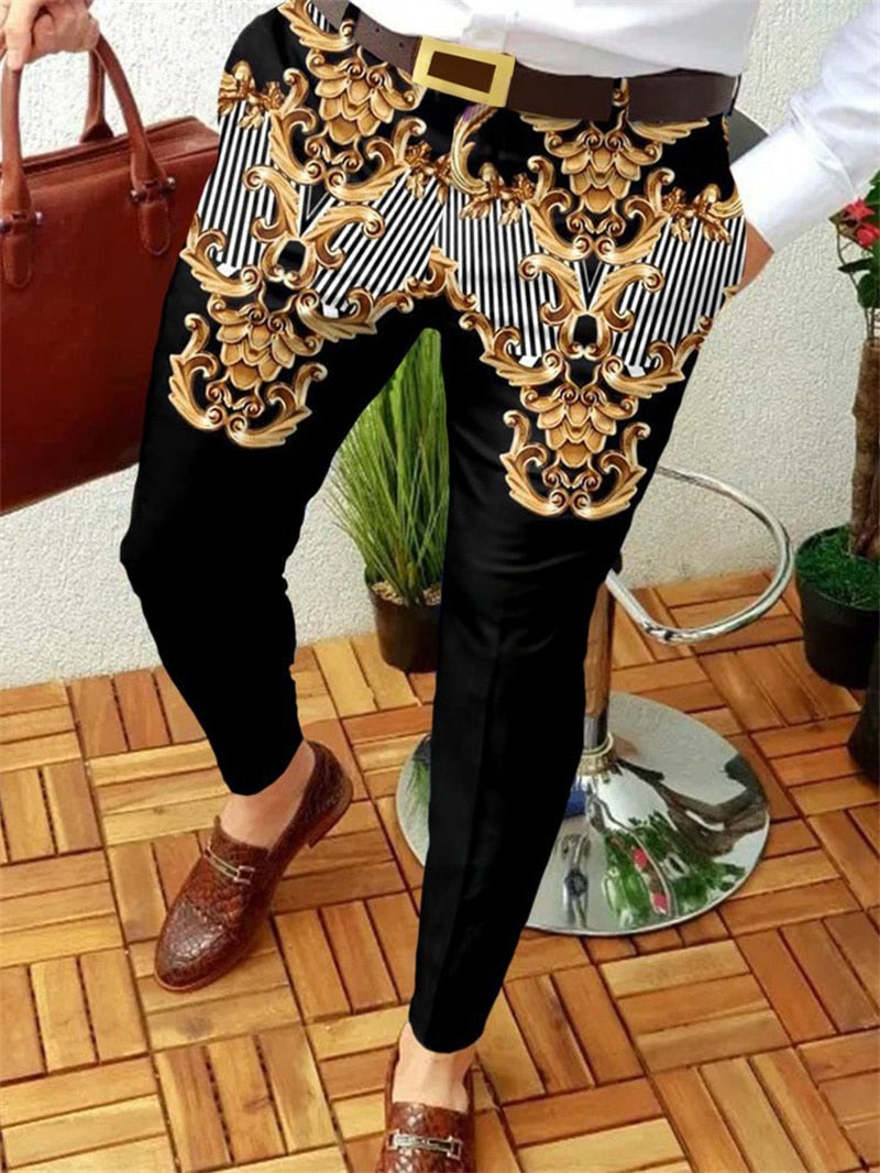 Wiaofellas Men Business Casual Trousers Retro Pattern Print Straight Long Pants Mens Spring Autumn Fashion Streetwear Vintage Men Clothing