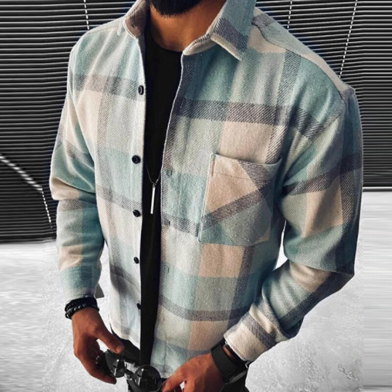 Wiaofellas Business Casual Plaid Print Wool Shirt Jacket Men 2023 Spring Single Breasted Lapel Top Autumn Pocket Patchwork T-shirt Cardigan