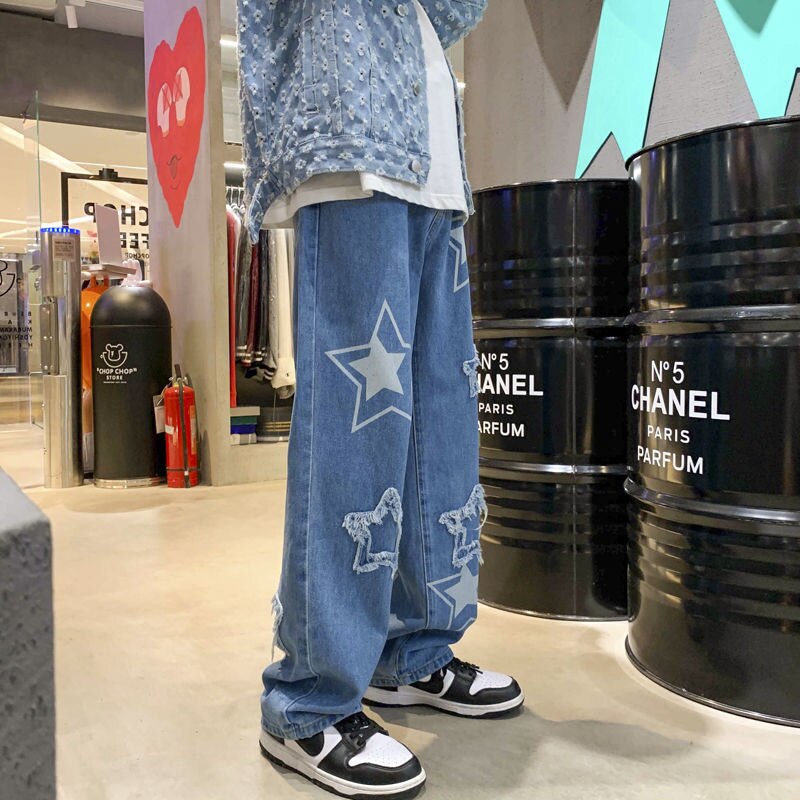 Wiaofellas Y2K Star Pants Men's Jeans with Stars Streetwear Hip Hop Denim Pants Straight Trousers Male Embroidered Loose Casual