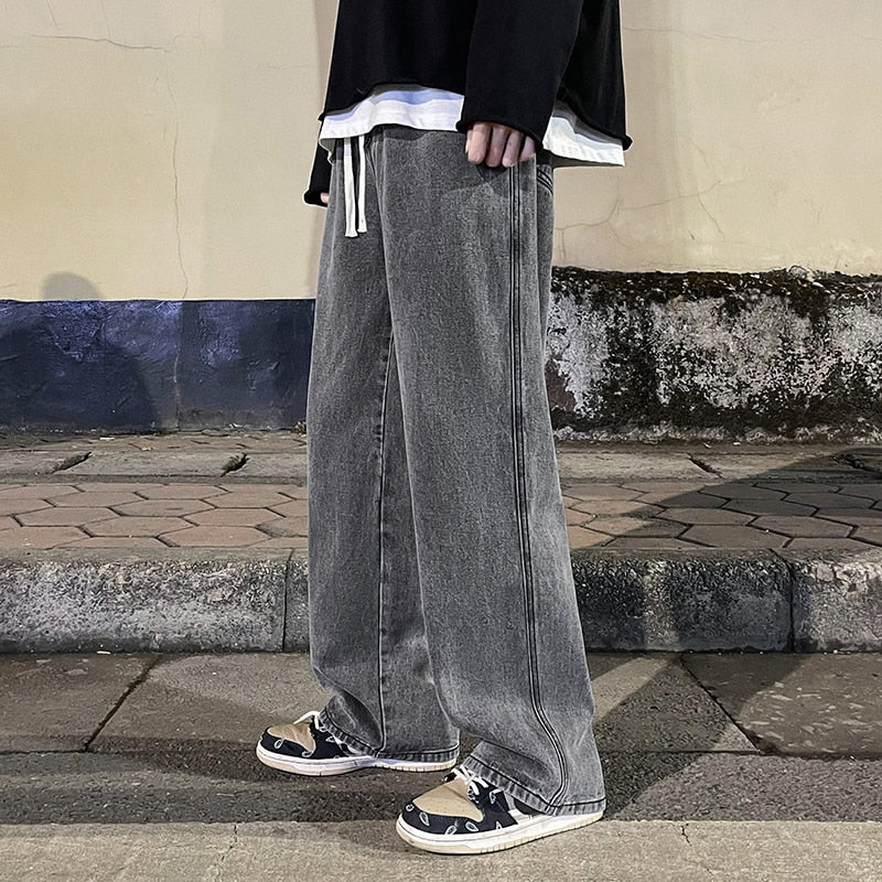 Wiaofellas Men's Jeans Korean Version Student Casual Pants High Street Straight Loose Wide Leg Jeans Black Grey  Blue Baggy Jeans