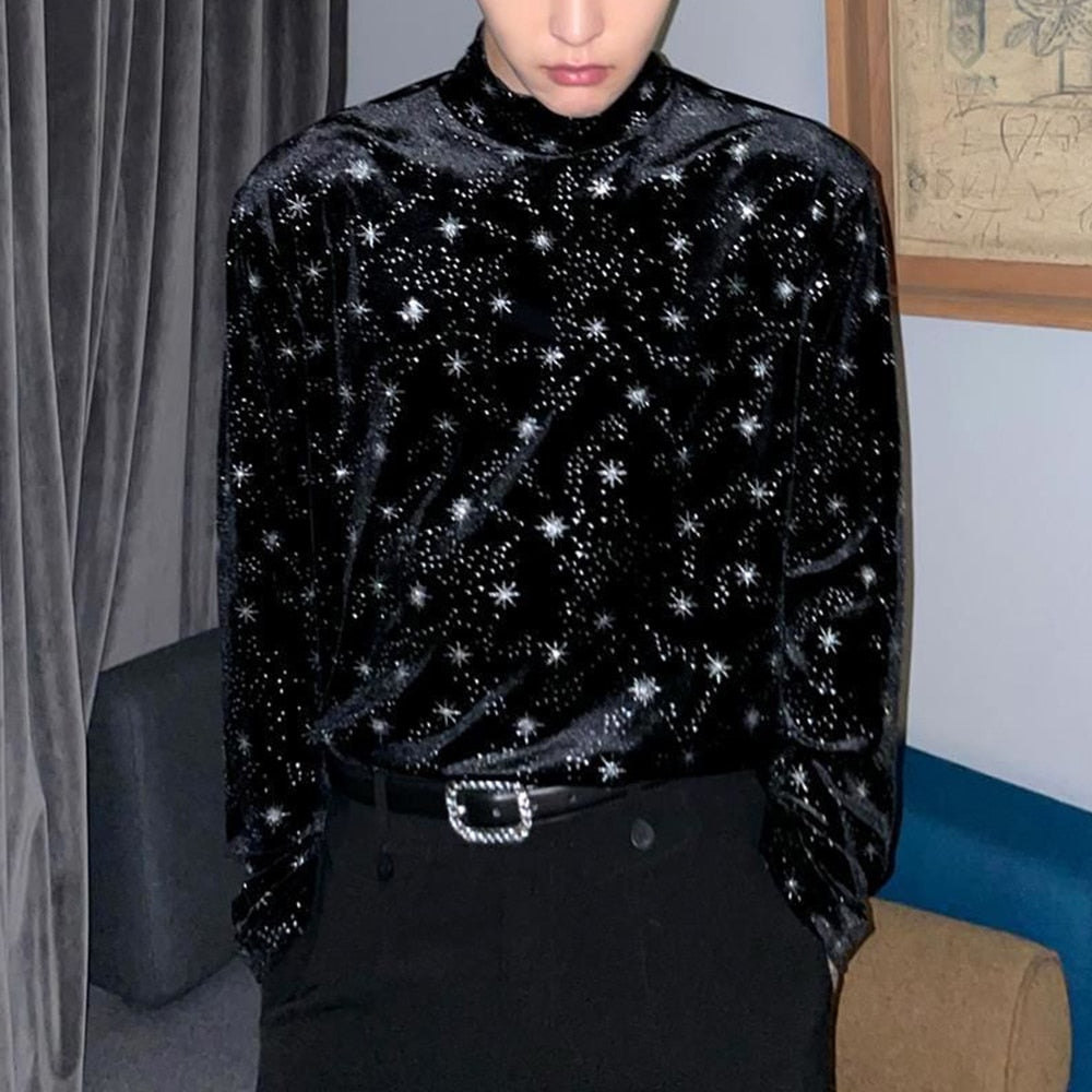 Wiaofellas Men Casual T Shirt Printed Velour Turtleneck Streetwear Long Sleeve Undershirts Cozy Leisure Men Clothing EU XS-XL