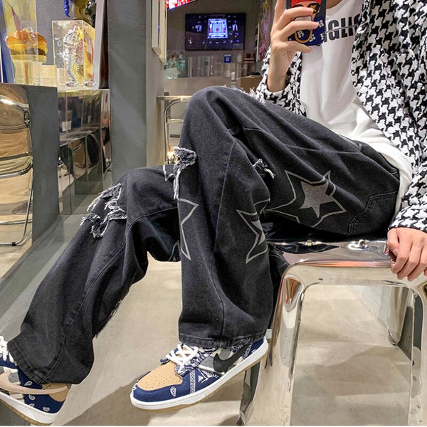 Wiaofellas Y2K Star Pants Men's Jeans with Stars Streetwear Hip Hop De