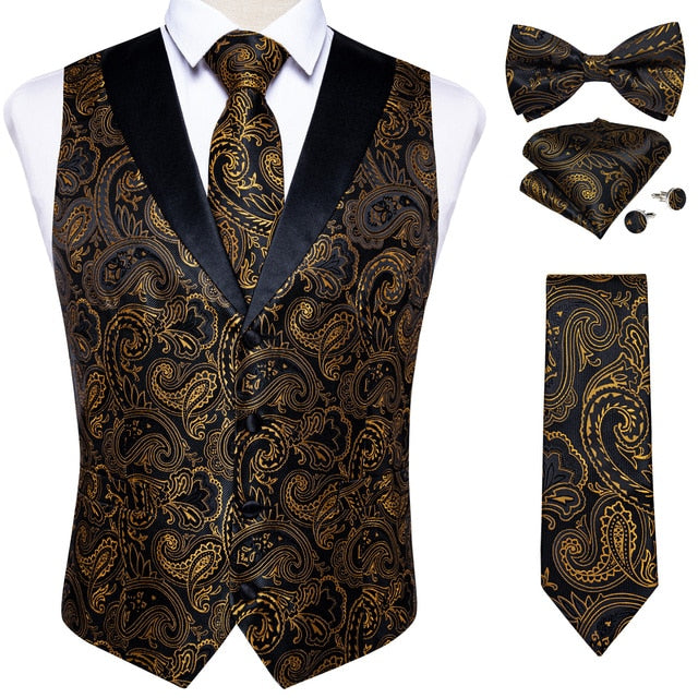 Wiaofellas Brand Suit Vest Set For Men Luxury Silk Black Gold Paisley Dress Vest Tie Cufflinks Handkerchief Set Male Sleeveless Waistcoat