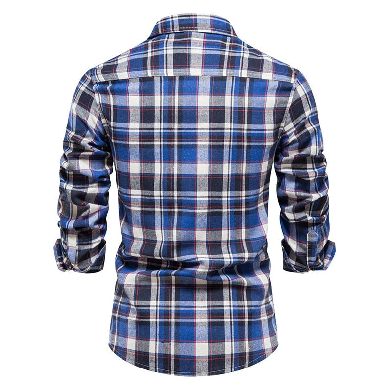Wiaofellas Double Pocket Flannel Men Plaid Shirts Long Sleeve Social Business Shirts for Men Autumn Fashion Checkered Shirts Men