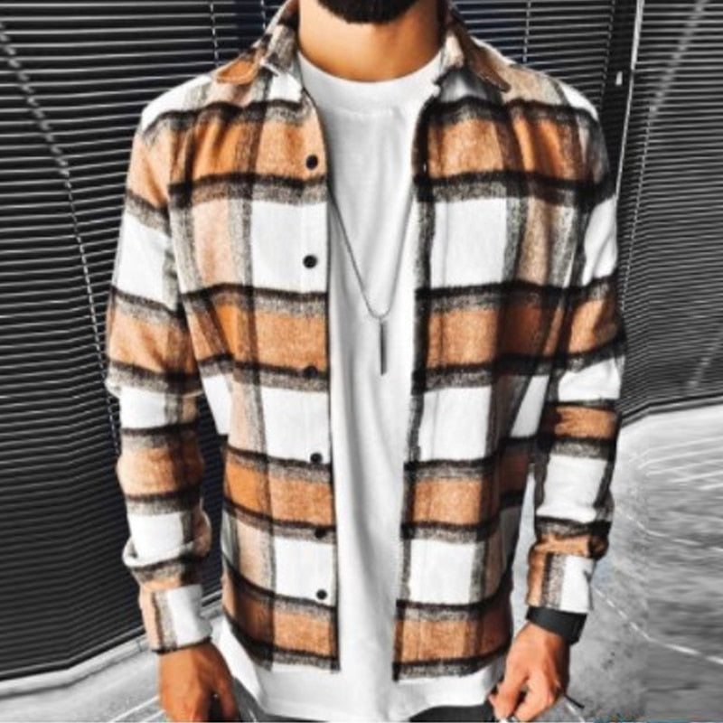 Wiaofellas Business Casual Plaid Print Wool Shirt Jacket Men 2023 Spring Single Breasted Lapel Top Autumn Pocket Patchwork T-shirt Cardigan
