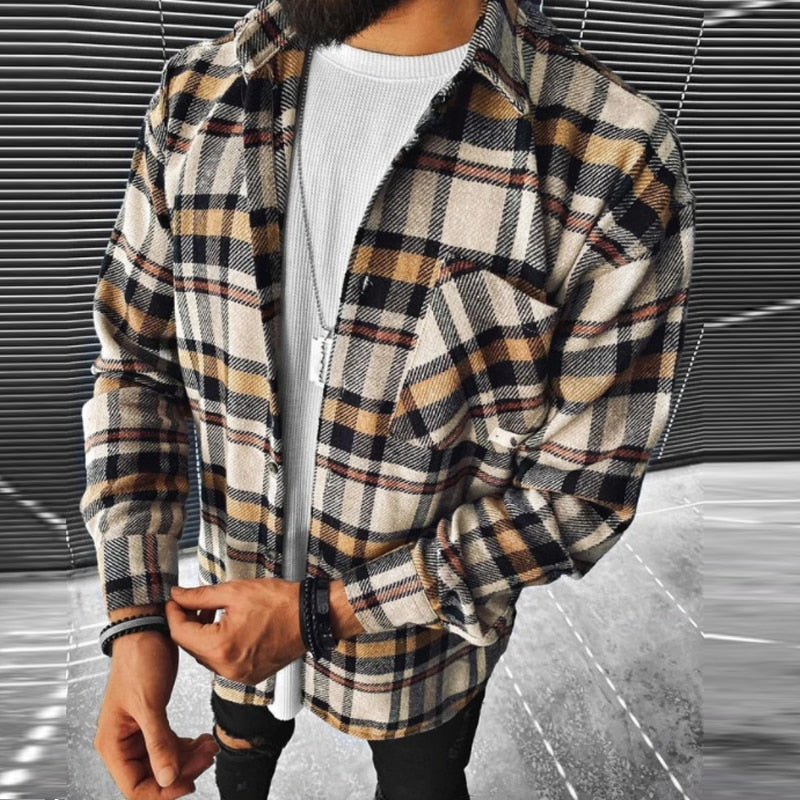Wiaofellas Business Casual Plaid Print Wool Shirt Jacket Men 2023 Spring Single Breasted Lapel Top Autumn Pocket Patchwork T-shirt Cardigan