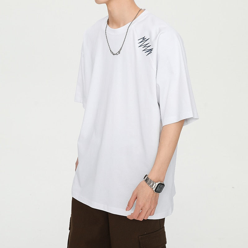 Wiaofellas Summer New Vintage Men's T-Shirt Casual American Irregular Personalized Embroidery T-shirts Cotton 200G Fashion Hip Hop Unisex