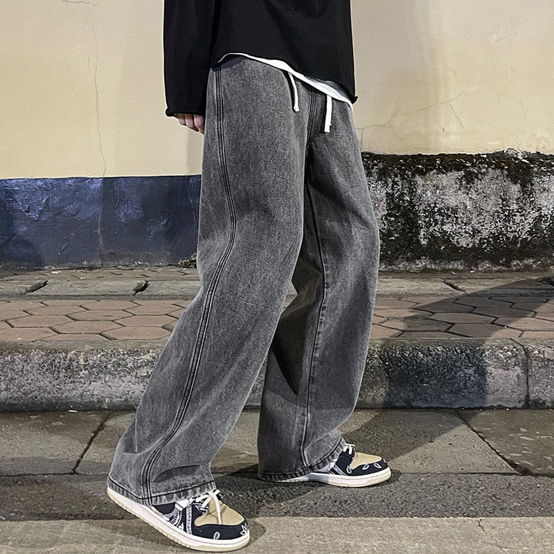 Wiaofellas Men's Jeans Korean Version Student Casual Pants High Street Straight Loose Wide Leg Jeans Black Grey  Blue Baggy Jeans