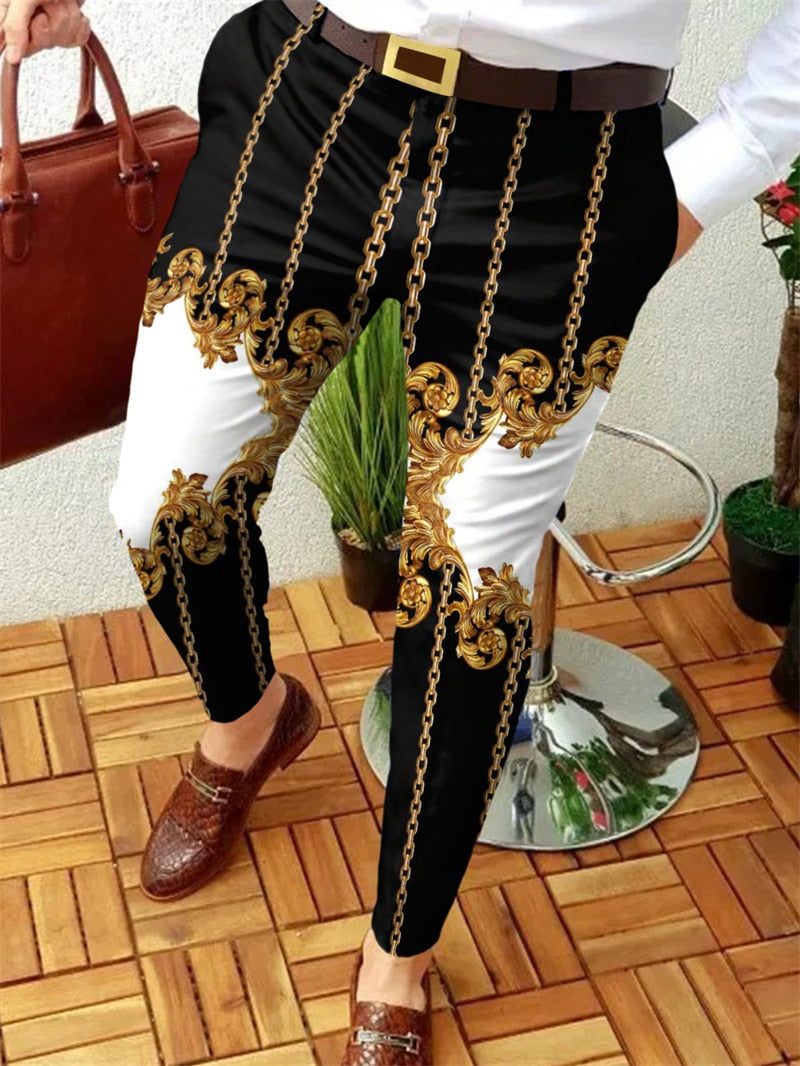 Wiaofellas Men Business Casual Trousers Retro Pattern Print Straight Long Pants Mens Spring Autumn Fashion Streetwear Vintage Men Clothing