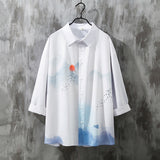 Wiaofellas Ink Painting Print Button White Long Sleeve Blouse 2023 Spring Summer Large Size Shirts Casual Fashion Male Shirts Men's Clothe