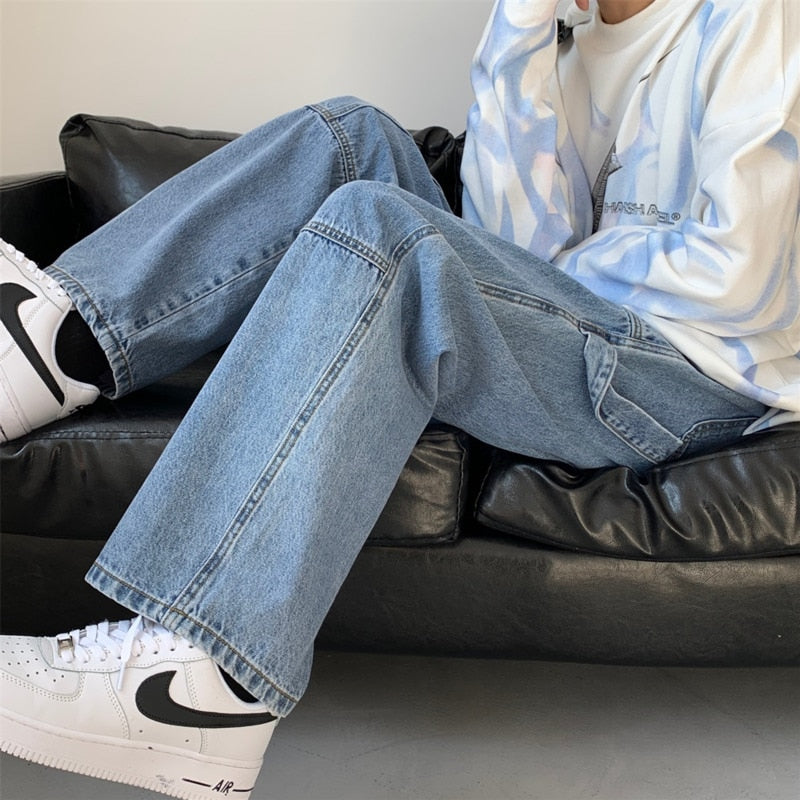 Wiaofellas Blue White Black Baggy Jeans Men Fashion Casual Wide Leg Jeans Men Streetwear Loose Hip Hop Straight Denim Pants Mens Trousers