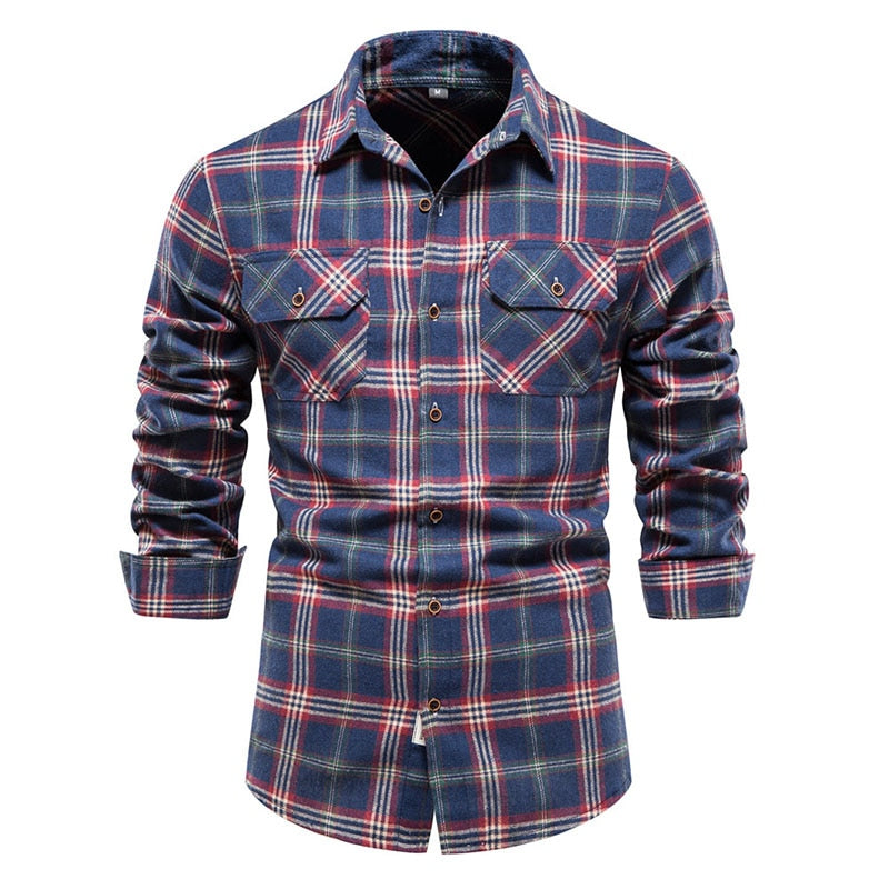 Wiaofellas Double Pocket Flannel Men Plaid Shirts Long Sleeve Social Business Shirts for Men Autumn Fashion Checkered Shirts Men