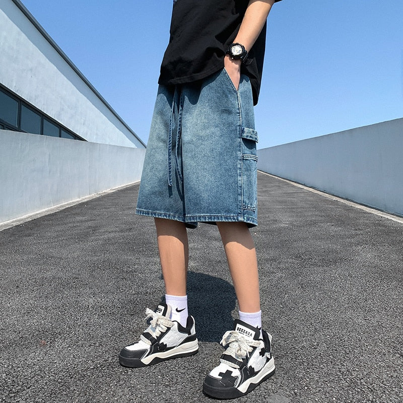 Wiaofellas Korean Style Summer Men's Blue Baggy Denim Shorts New Street Apparel Workwear Large Pocket Wide Leg Denim Shorts Blue