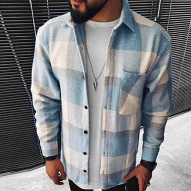Wiaofellas Business Casual Plaid Print Wool Shirt Jacket Men 2023 Spring Single Breasted Lapel Top Autumn Pocket Patchwork T-shirt Cardigan
