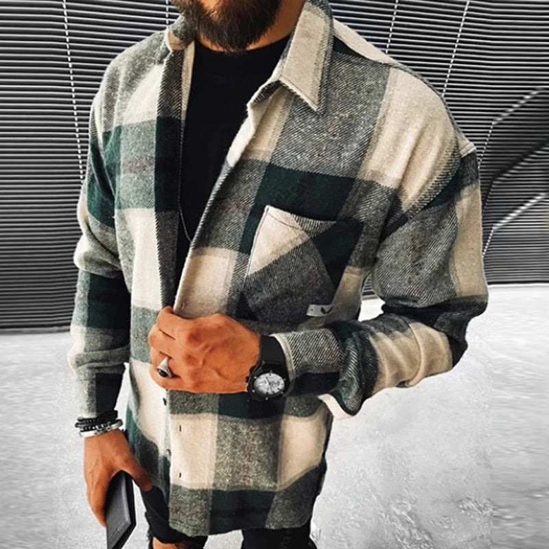 Wiaofellas Business Casual Plaid Print Wool Shirt Jacket Men 2023 Spring Single Breasted Lapel Top Autumn Pocket Patchwork T-shirt Cardigan