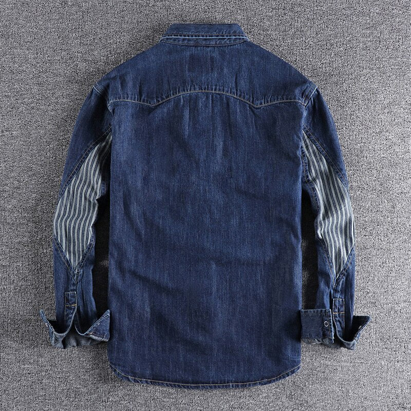 Wiaofellas Denim Shirt Men Cotton Jeans Shirt American Retro Washed Fashion Pocket Slim Long Sleeve Cowboy Shirt Stylish Slim Tops Shirts
