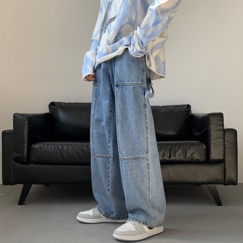 Wiaofellas Blue White Black Baggy Jeans Men Fashion Casual Wide Leg Jeans Men Streetwear Loose Hip Hop Straight Denim Pants Mens Trousers