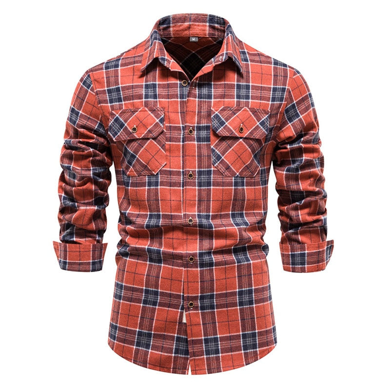 Wiaofellas Double Pocket Flannel Men Plaid Shirts Long Sleeve Social Business Shirts for Men Autumn Fashion Checkered Shirts Men