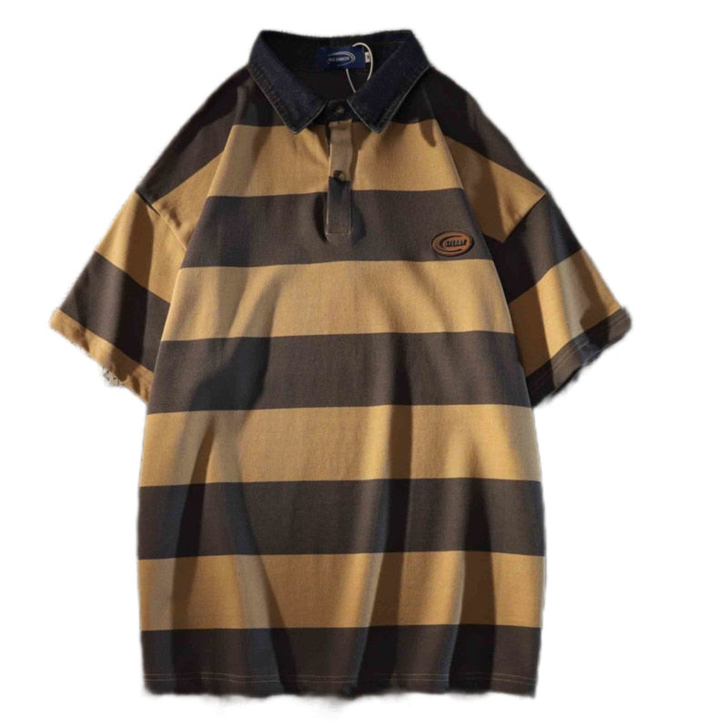 Wiaofellas Short Sleeve Classic Retro Stripe Polo T-shirt Denim Collar Men Trend Color Matching Cotton Streetwear Casual Tops
