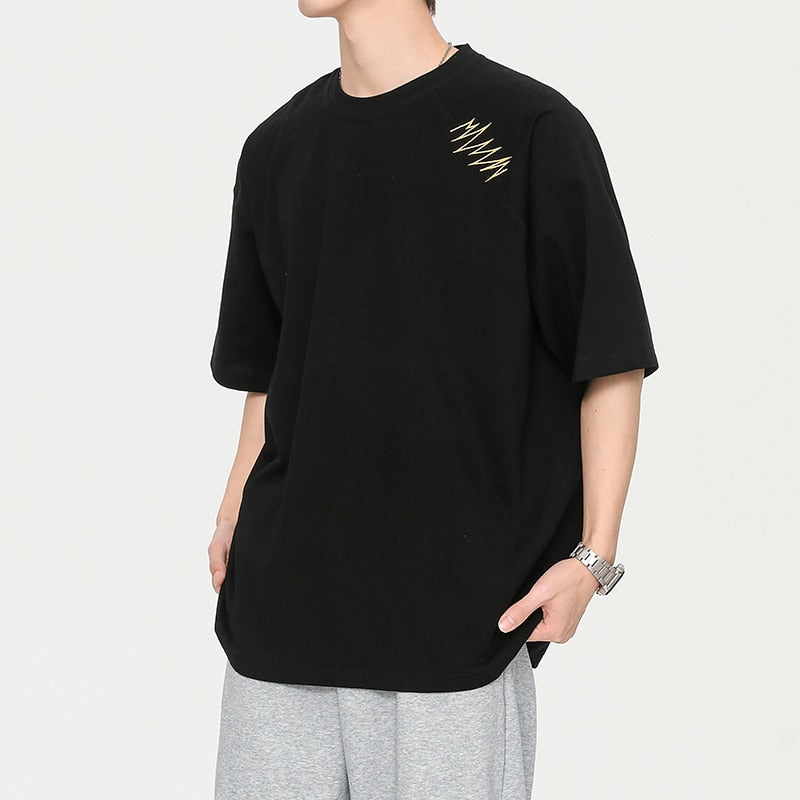 Wiaofellas Summer New Vintage Men's T-Shirt Casual American Irregular Personalized Embroidery T-shirts Cotton 200G Fashion Hip Hop Unisex