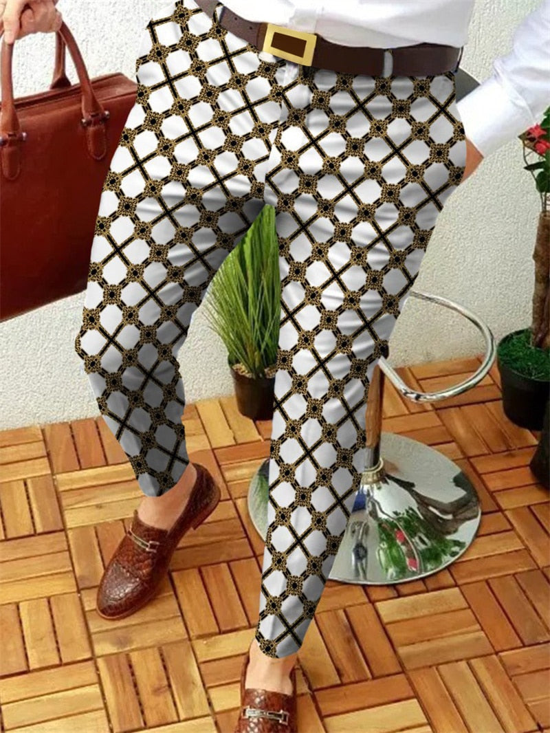 Wiaofellas Men Business Casual Trousers Retro Pattern Print Straight Long Pants Mens Spring Autumn Fashion Streetwear Vintage Men Clothing