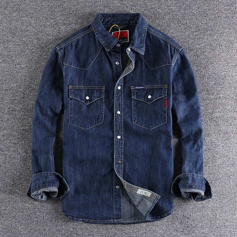 Wiaofellas Denim Shirt Men Cotton Jeans Shirt American Retro Washed Fashion Pocket Slim Long Sleeve Cowboy Shirt Stylish Slim Tops Shirts