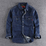 Wiaofellas Denim Shirt Men Cotton Jeans Shirt American Retro Washed Fashion Pocket Slim Long Sleeve Cowboy Shirt Stylish Slim Tops Shirts
