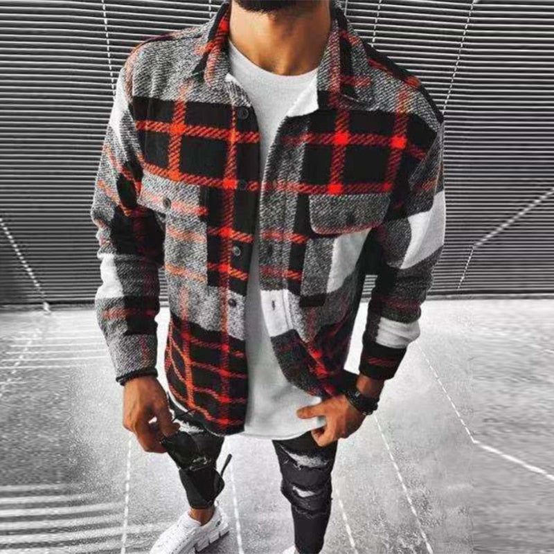 Wiaofellas Business Casual Plaid Print Wool Shirt Jacket Men 2023 Spring Single Breasted Lapel Top Autumn Pocket Patchwork T-shirt Cardigan