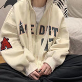 Wiaofellas Vintage Letter Print Zip Up Hoodie Women Jacket sweatshirt Oversized Casual Teens Clothes Hip Hop Streetwear New Korean