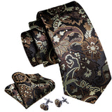 Wiaofellas Designer Ties for Men Brown Gold Black Floral Silk Necktie Pocket Square Cufflinks Set Wedding Gift Corbatas Barry·Wang 6199