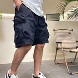 Wiaofellas Solid Multi-Pocket Cargo Shorts Men Clothing Street Fashion Sports Straight Cropped Pants Elastic Waist Simple Outdoor Shorts