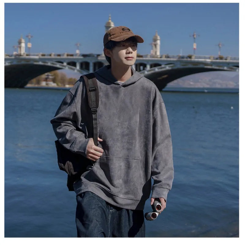 Wiaofellas Suede Sweatshirt Men Hoodie Solid Streetwear Hip Hop Pullover Casual Loose Top Brand American Vintage Long Sleeve Korean Fashion