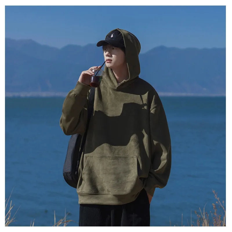 Wiaofellas Suede Sweatshirt Men Hoodie Solid Streetwear Hip Hop Pullover Casual Loose Top Brand American Vintage Long Sleeve Korean Fashion
