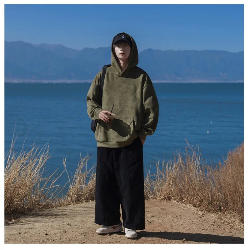 Wiaofellas Suede Sweatshirt Men Hoodie Solid Streetwear Hip Hop Pullover Casual Loose Top Brand American Vintage Long Sleeve Korean Fashion