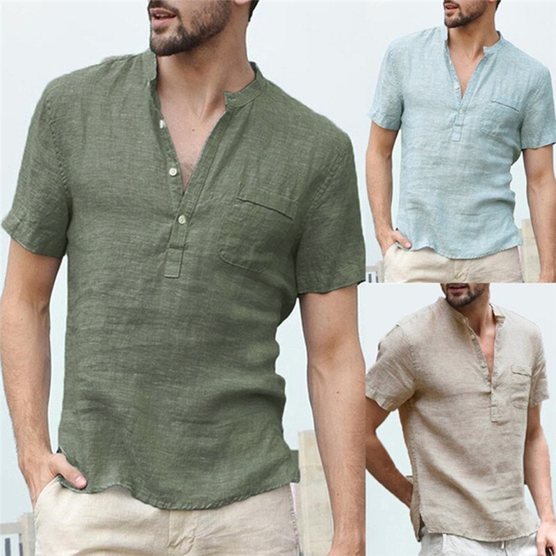 Wiaofellas Men's Flax Linen T-Shirt Casual V-Neck Button Down T-Shirts Slim Fit Cotton Linen Short Sleeve Basic Top Male Breathable