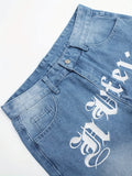 WIAOFELLAS  -  Casual Straight Blue Letter Trousers