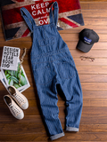 Wiaofellas Men's stripe printed blue denim bib overalls Suspenders jumpsuits Coveralls Youth jeans