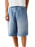 WIAOFELLAS  -  [1pc Loose Fit Denim Shorts] 1pc Men'S Fashion Faux Denim Shorts - Casual Loose Fit, Solid Color, Cotton Blend, Slight Stretch, Short Length with Pockets, Woven Fabric, Regular Fit, Zipper Button Closure - Summ