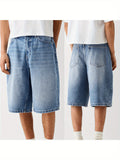 WIAOFELLAS  -  [1pc Loose Fit Denim Shorts] 1pc Men'S Fashion Faux Denim Shorts - Casual Loose Fit, Solid Color, Cotton Blend, Slight Stretch, Short Length with Pockets, Woven Fabric, Regular Fit, Zipper Button Closure - Summ
