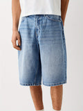 WIAOFELLAS  -  [1pc Loose Fit Denim Shorts] 1pc Men'S Fashion Faux Denim Shorts - Casual Loose Fit, Solid Color, Cotton Blend, Slight Stretch, Short Length with Pockets, Woven Fabric, Regular Fit, Zipper Button Closure - Summ