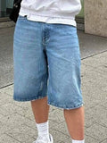 WIAOFELLAS  -  [1pc Loose Fit Denim Shorts] 1pc Men'S Fashion Faux Denim Shorts - Casual Loose Fit, Solid Color, Cotton Blend, Slight Stretch, Short Length with Pockets, Woven Fabric, Regular Fit, Zipper Button Closure - Summ