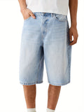 WIAOFELLAS  -  [1pc Loose Fit Denim Shorts] 1pc Men'S Fashion Faux Denim Shorts - Casual Loose Fit, Solid Color, Cotton Blend, Slight Stretch, Short Length with Pockets, Woven Fabric, Regular Fit, Zipper Button Closure - Summ