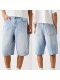 WIAOFELLAS  -  [1pc Loose Fit Denim Shorts] 1pc Men'S Fashion Faux Denim Shorts - Casual Loose Fit, Solid Color, Cotton Blend, Slight Stretch, Short Length with Pockets, Woven Fabric, Regular Fit, Zipper Button Closure - Summ