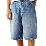 WIAOFELLAS  -  [1pc Loose Fit Denim Shorts] 1pc Men'S Fashion Faux Denim Shorts - Casual Loose Fit, Solid Color, Cotton Blend, Slight Stretch, Short Length with Pockets, Woven Fabric, Regular Fit, Zipper Button Closure - Summ