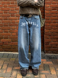 WIAOFELLAS  -  Casual Straight Blue Letter Trousers