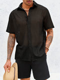 WIAOFELLAS  -  Men'S Button Shirt Knit Crochet Hollow Out Short Sleeve Sweater Casual Summer Tops