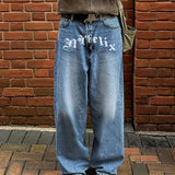 WIAOFELLAS  -  Casual Straight Blue Letter Trousers